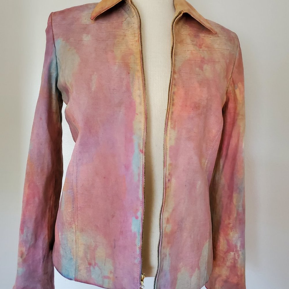St. John Leather jacket small XS 2 4 6 Pink Tan tie dyed blue beige pink orange